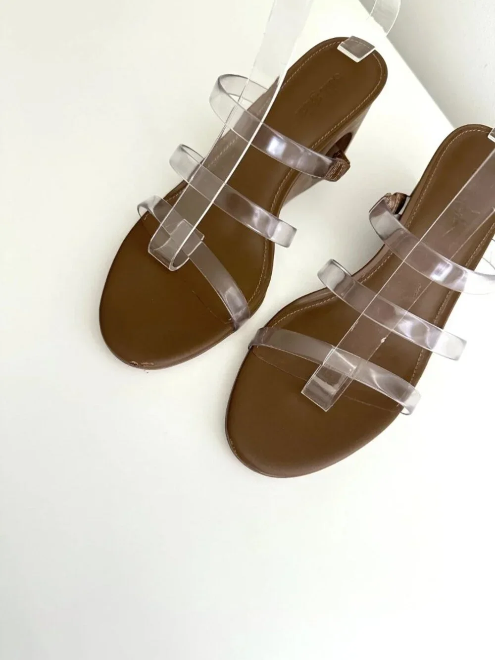 CULT GAIA Merced Strappy PVC Wooden Cutout Wedge Sandals in Clear/Brown Size 38